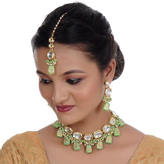 Tehzeeb Creations Back Meenakari Gold-Polished Tika Earring Jewellery Set Uncut Kundan Big Faux Kundan Dibbi Kundan Choker Necklace Set - Distacart