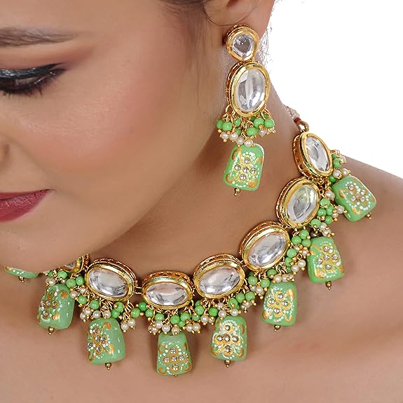 Tehzeeb Creations Back Meenakari Gold-Polished Tika Earring Jewellery Set Uncut Kundan Big Faux Kundan Dibbi Kundan Choker Necklace Set - Distacart