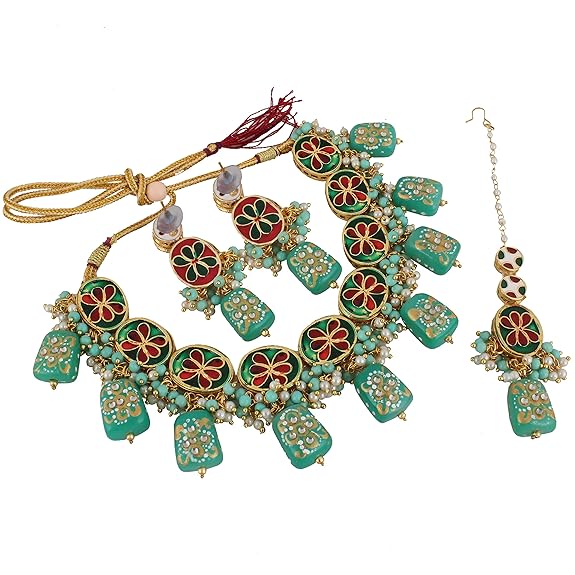 Tehzeeb Creations Back Meenakari Gold-Polished Tika Earring Jewellery Set Uncut Kundan Big Faux Kundan Dibbi Kundan Choker Necklace Set - Distacart