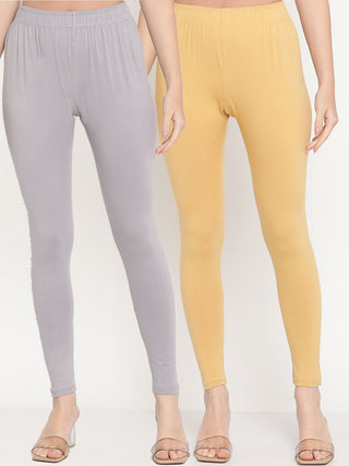 TAG 7 Women Pack Of 2 Beige & Grey Solid Ankle-Length Leggings - Distacart