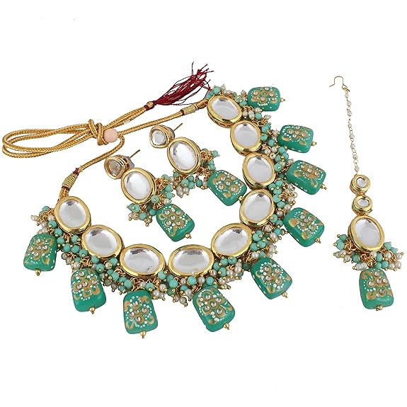 Tehzeeb Creations Back Meenakari Gold-Polished Tika Earring Jewellery Set Uncut Kundan Big Faux Kundan Dibbi Kundan Choker Necklace Set - Distacart