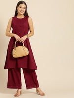 Thumbnail for All About You Women Maroon Self Design Pure Cotton A-Line Kurta with Palazzos - Distacart