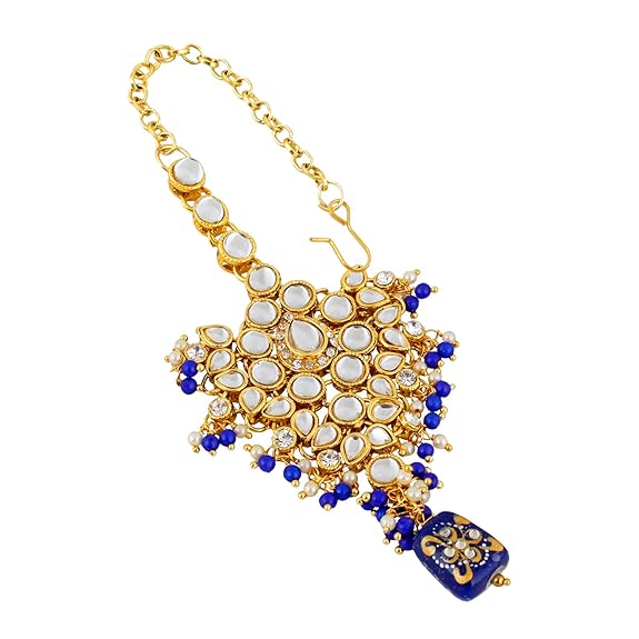 Tehzeeb Creations Traditional Gold-Polished Designer Blue Color Dulhan Choker Kundan Bridal Set - Distacart