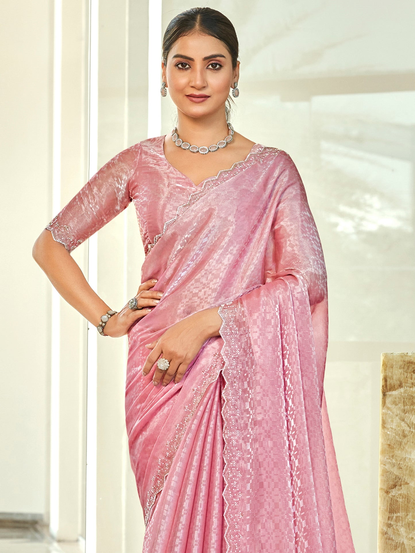 Stylee Lifestyle Pink Silk Blend Embellished Saree - Distacart