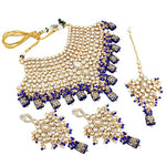 Thumbnail for Tehzeeb Creations Traditional Gold-Polished Designer Blue Color Dulhan Choker Kundan Bridal Set - Distacart