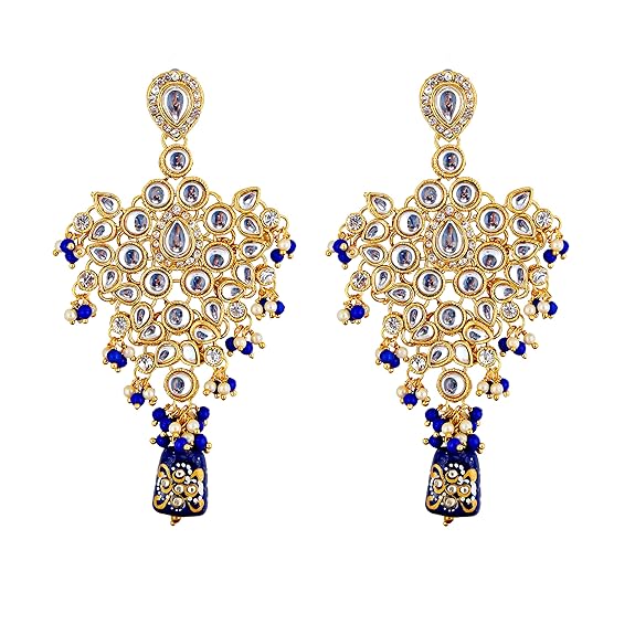Tehzeeb Creations Traditional Gold-Polished Designer Blue Color Dulhan Choker Kundan Bridal Set - Distacart