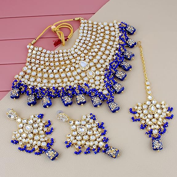 Tehzeeb Creations Traditional Gold-Polished Designer Blue Color Dulhan Choker Kundan Bridal Set - Distacart