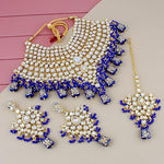 Thumbnail for Tehzeeb Creations Traditional Gold-Polished Designer Blue Color Dulhan Choker Kundan Bridal Set - Distacart