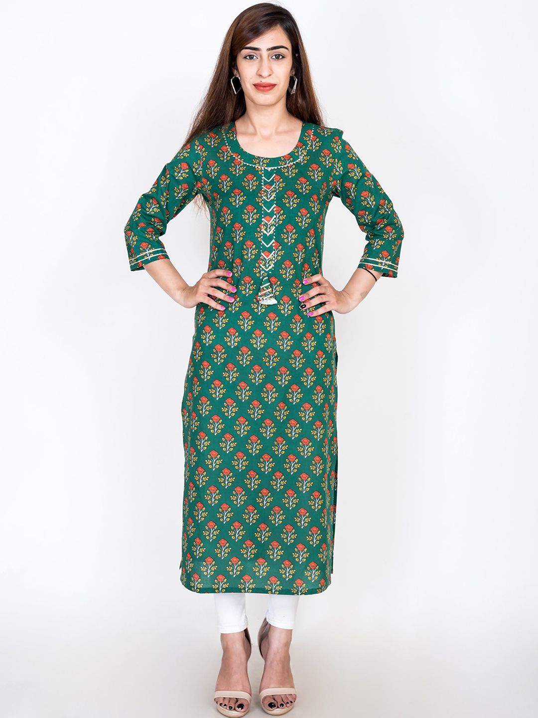 Swasti Women Green Ethnic Motifs Printed Flared Sleeves Thread Work Floral Kurta - Distacart