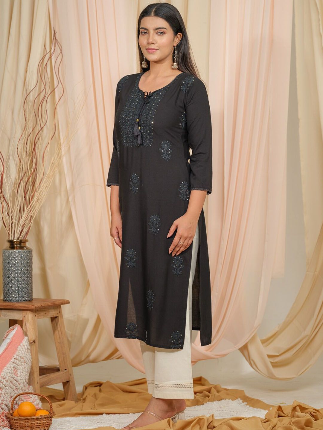 Ode by House of Pataudi Tie U[p Neck Sequined Embroidered Straight Kurta - Distacart