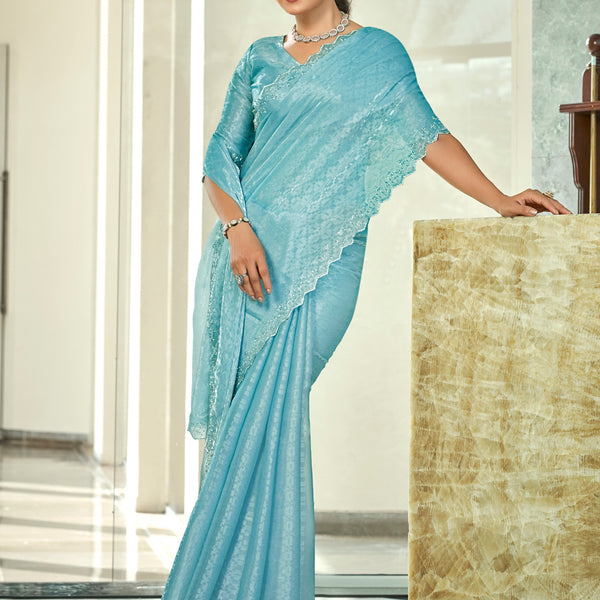 Stylee Lifestyle Sky Blue Silk Blend Embellished Saree