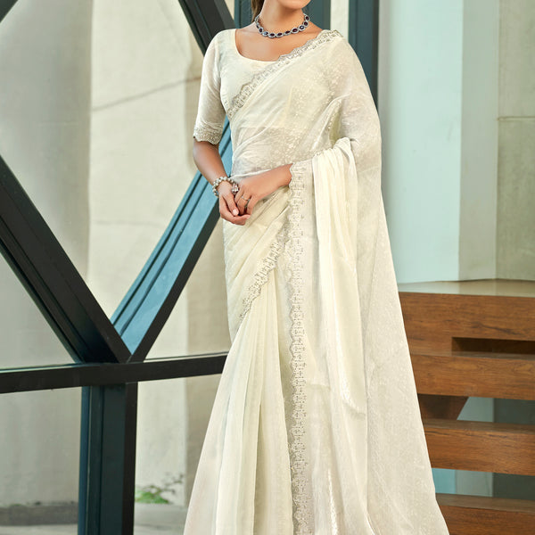 Stylee Lifestyle Cream Silk Blend Embellished Saree
