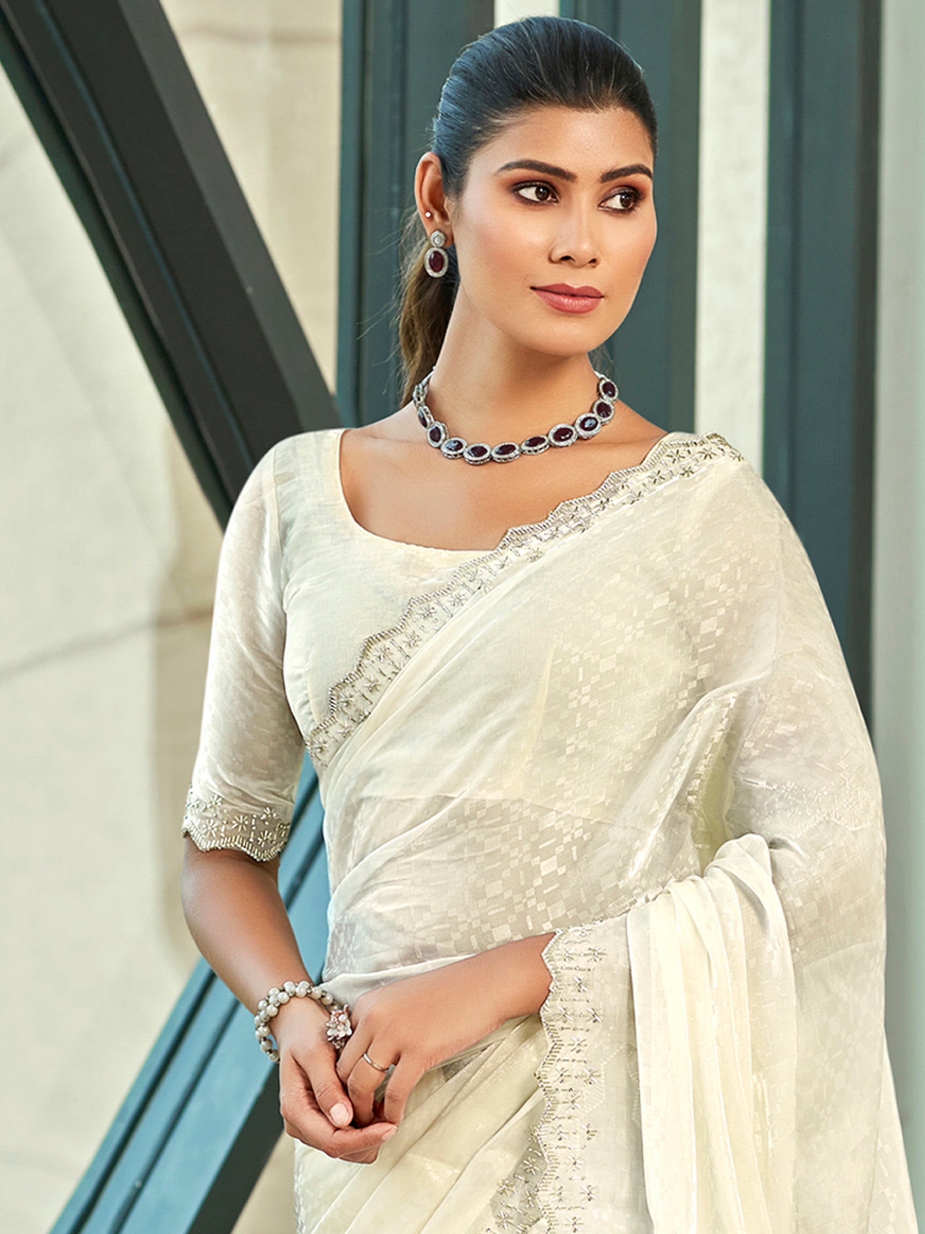 Stylee Lifestyle Cream Silk Blend Embellished Saree