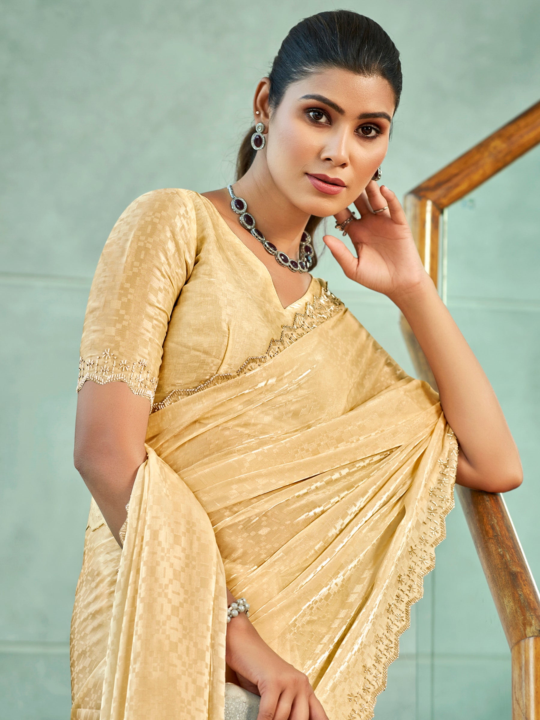 Stylee Lifestyle Ivory Silk Blend Embellished Saree