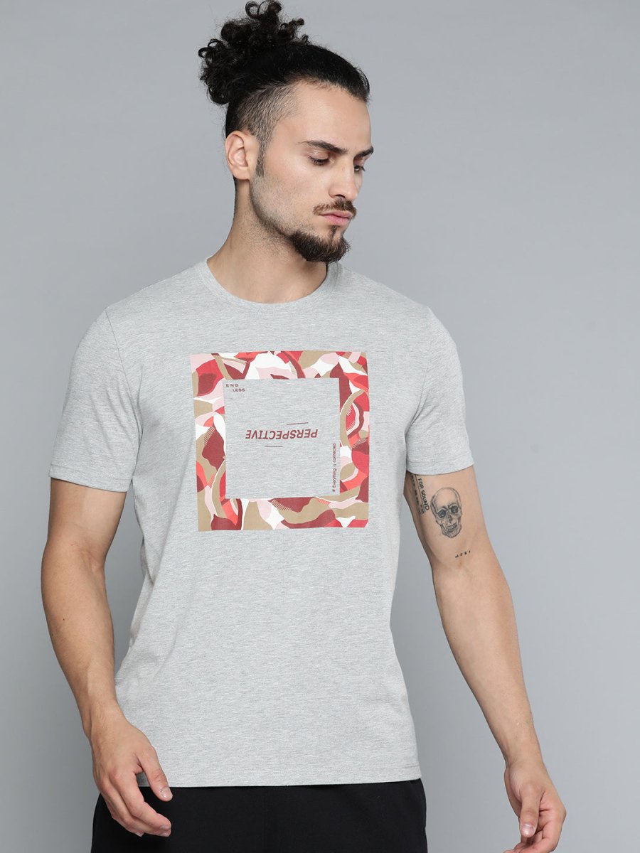 Alcis Men Grey Melange Typography Printed Slim Fit Gym T-shirt - Distacart