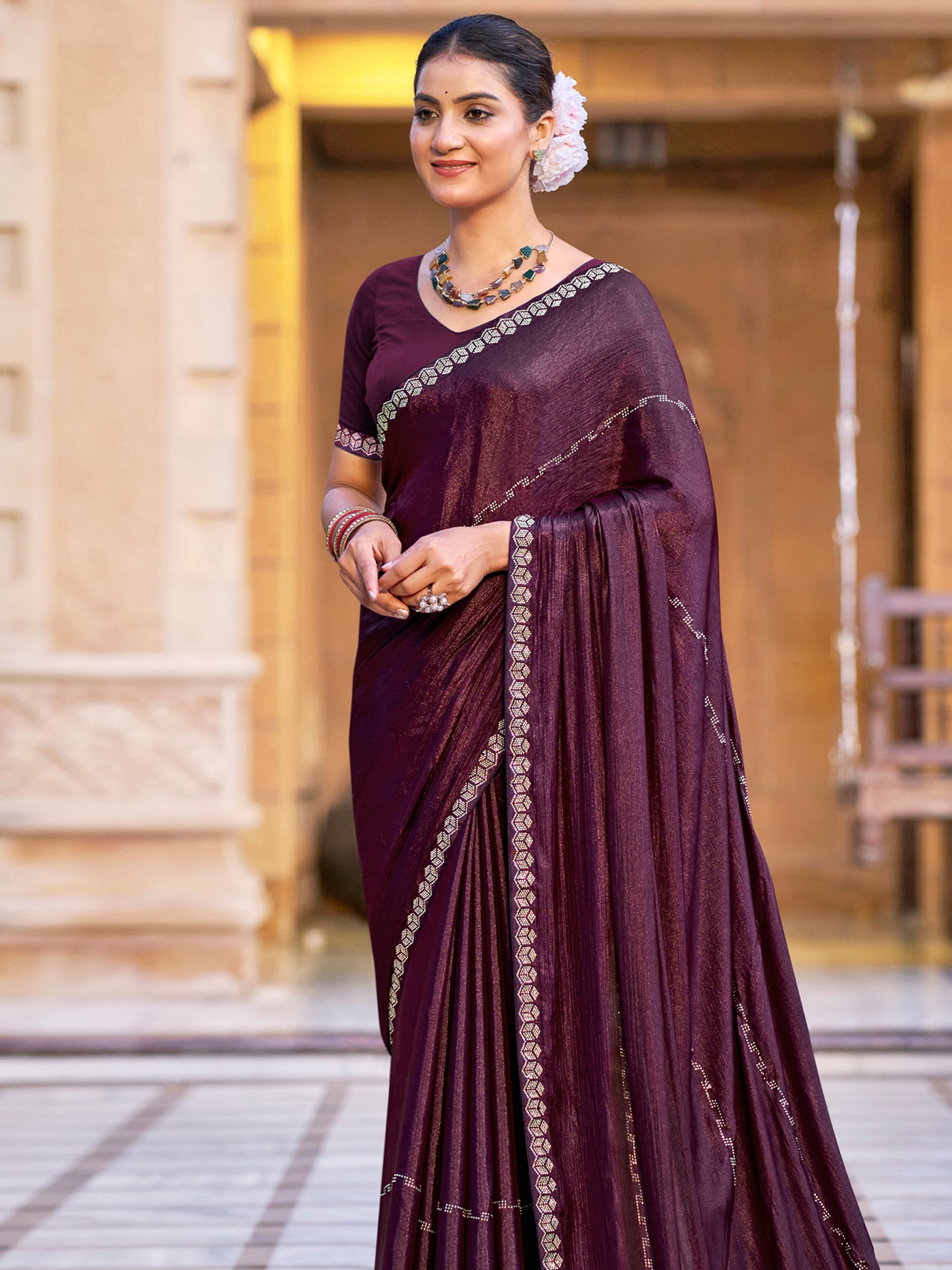 Stylee Lifestyle Wine Shimmer Chiffon Embellished Saree - Distacart