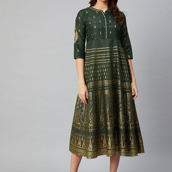 AURELIA Women Green & Golden Printed A-Line Dress - Distacart