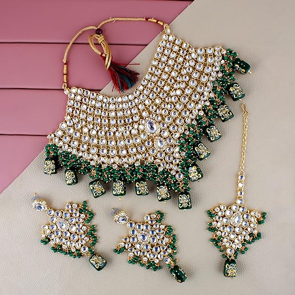 Tehzeeb Creations Traditional Gold-Polished Designer Blue Color Dulhan Choker Kundan Bridal Set - Distacart