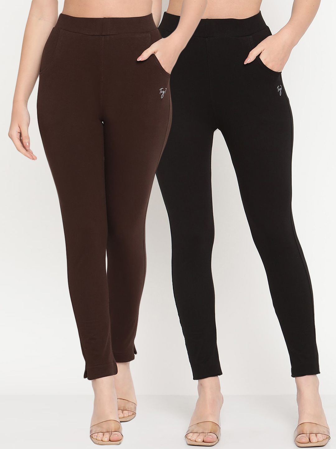 TAG 7 Women Pack of 2 Brown & Black Solid Kurti Pants - Distacart