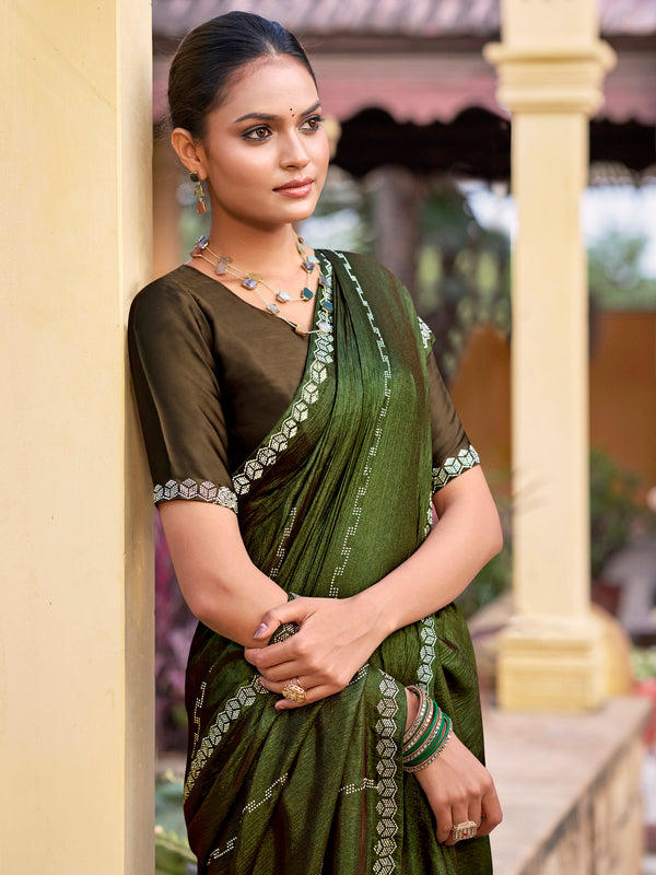 Stylee Lifestyle Olive Shimmer Chiffon Embellished Saree