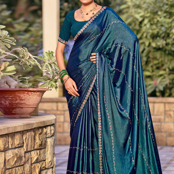 Stylee Lifestyle Teal Shimmer Chiffon Embellished Saree - Distacart
