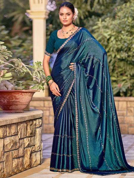 Stylee Lifestyle Teal Shimmer Chiffon Embellished Saree