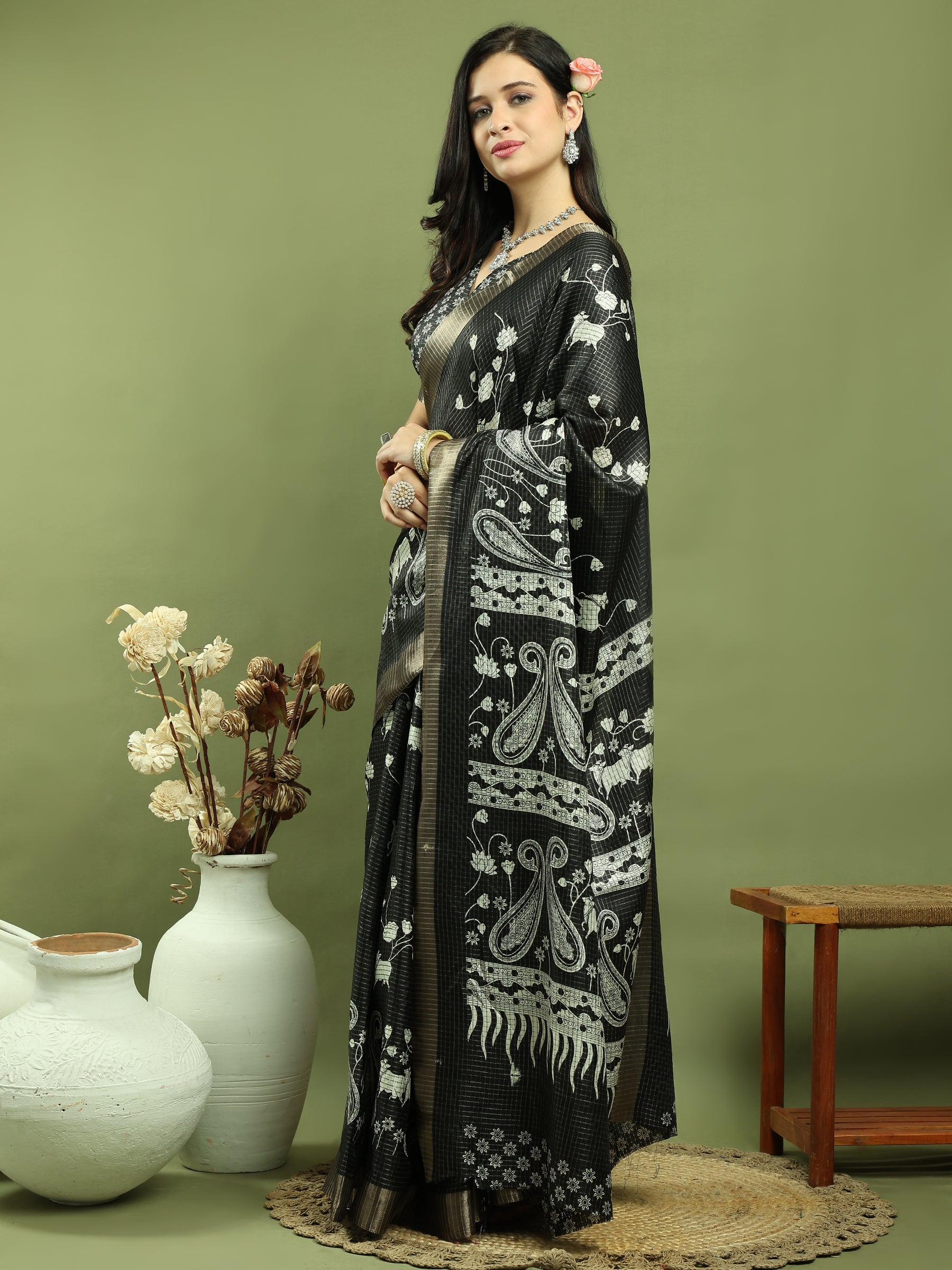 Stylee Lifestyle Black Silk Blend Zari Saree