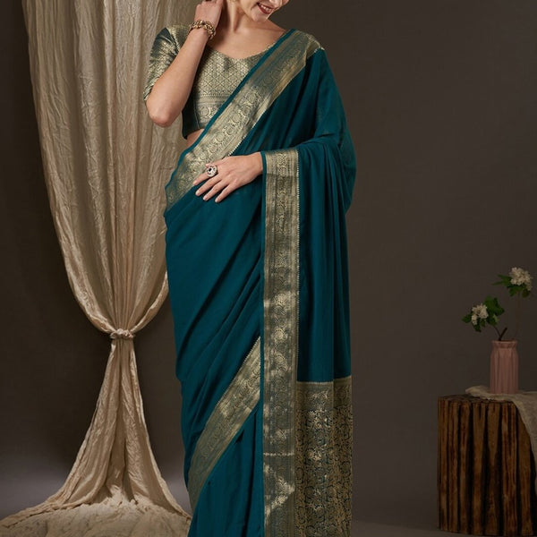 Anouk Teal & Gold-Toned Zari Pure Georgette Kanjeevaram Saree - Distacart
