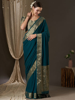 Anouk Teal & Gold-Toned Zari Pure Georgette Kanjeevaram Saree - Distacart