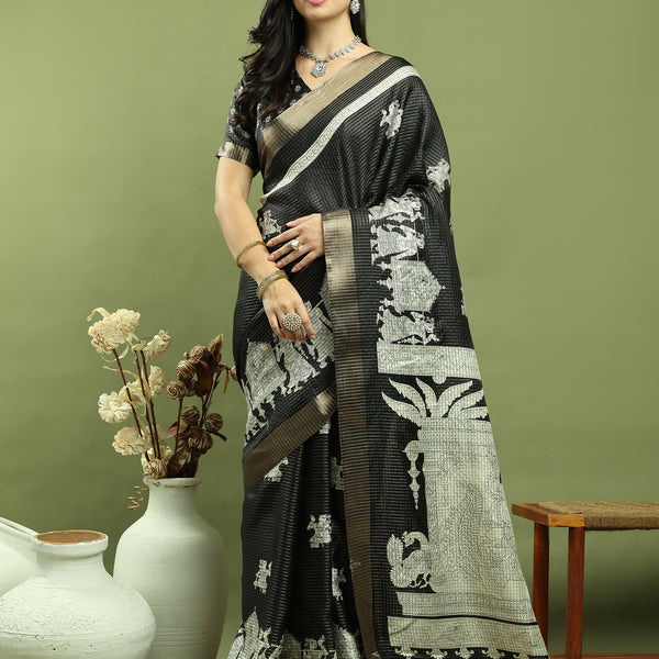 Stylee Lifestyle Black Silk Blend Zari Saree