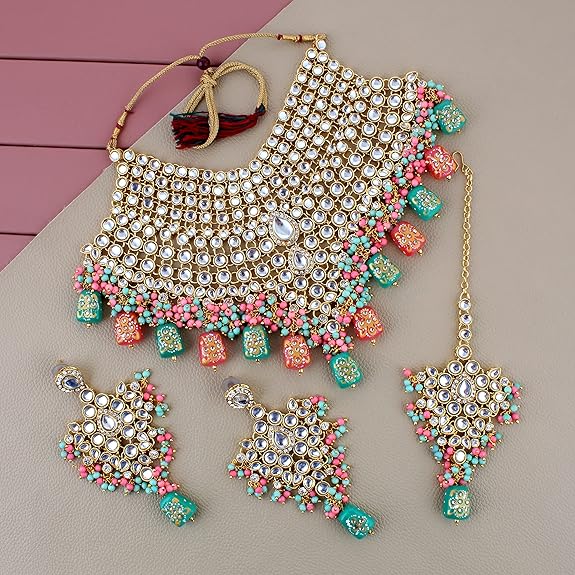 Tehzeeb Creations Traditional Gold-Polished Designer Blue Color Dulhan Choker Kundan Bridal Set - Distacart