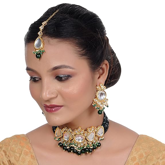 Tehzeeb Creations Back Meenakari Gold-Polished Tika Earring Jewellery Set Uncut Kundan Big Faux Kundan Dibbi Kundan Choker Necklace Set - Distacart