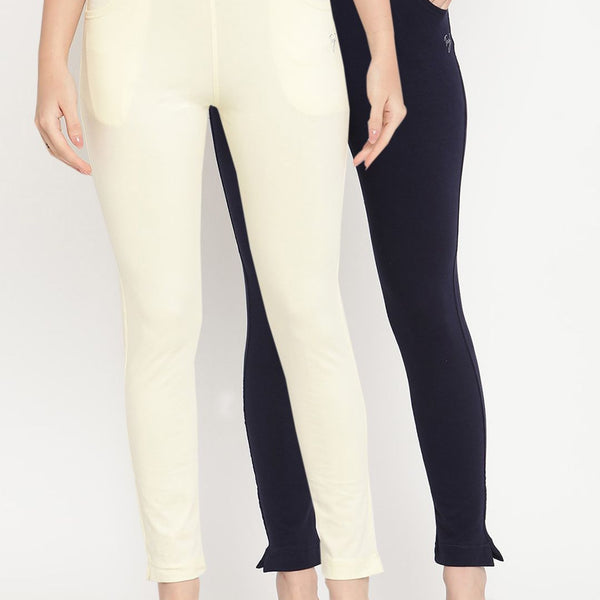 TAG 7 Pack of 2 Navy Blue & Cream-Coloured Ankle-Length Leggings - Distacart