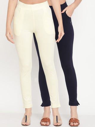 TAG 7 Pack of 2 Navy Blue & Cream-Coloured Ankle-Length Leggings - Distacart