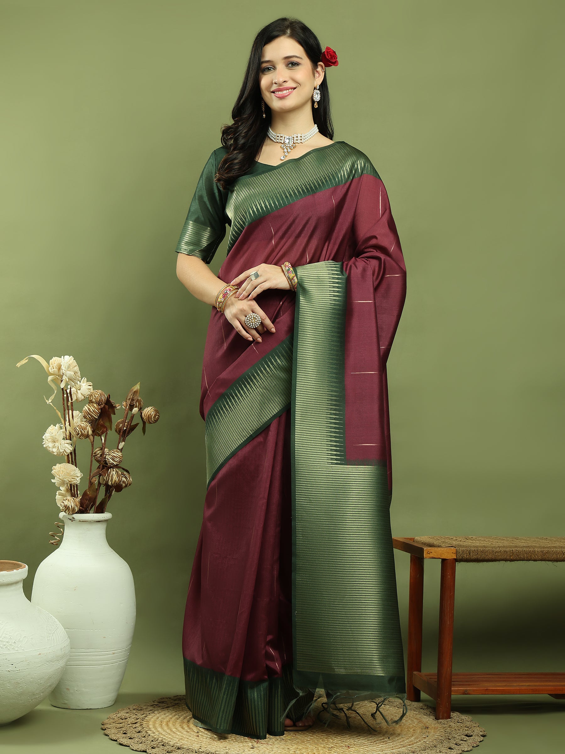 Stylee Lifestyle Burgundy Silk Blend Zari Saree - Distacart