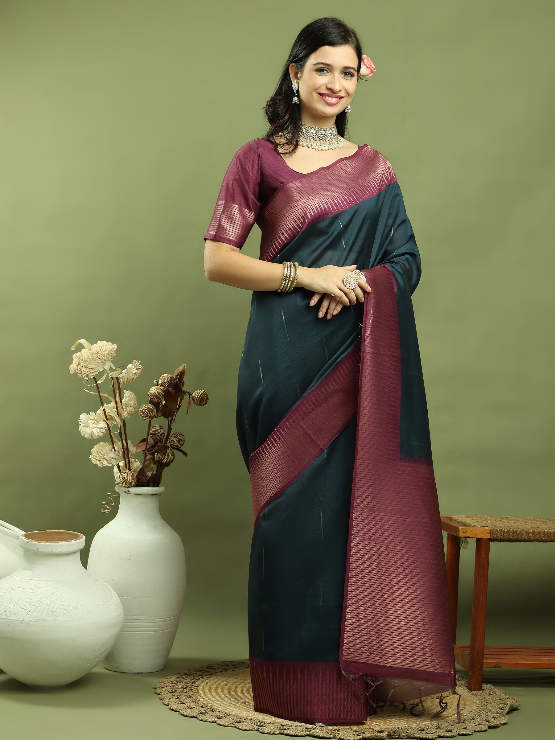 Stylee Lifestyle Teal Silk Blend Zari Saree