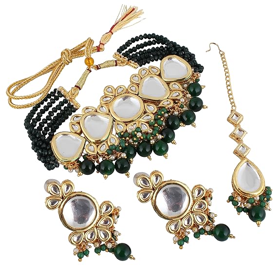 Tehzeeb Creations Back Meenakari Gold-Polished Tika Earring Jewellery Set Uncut Kundan Big Faux Kundan Dibbi Kundan Choker Necklace Set - Distacart
