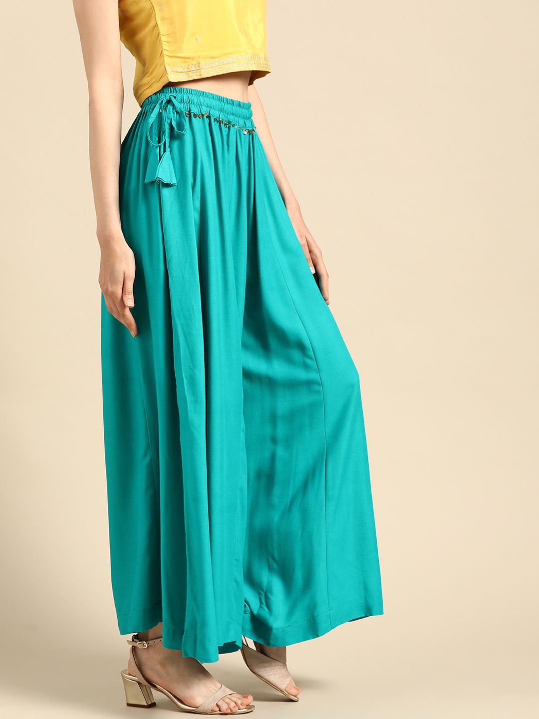 TAG 7 Women Turquoise Blue Solid Flared Palazzos - Distacart