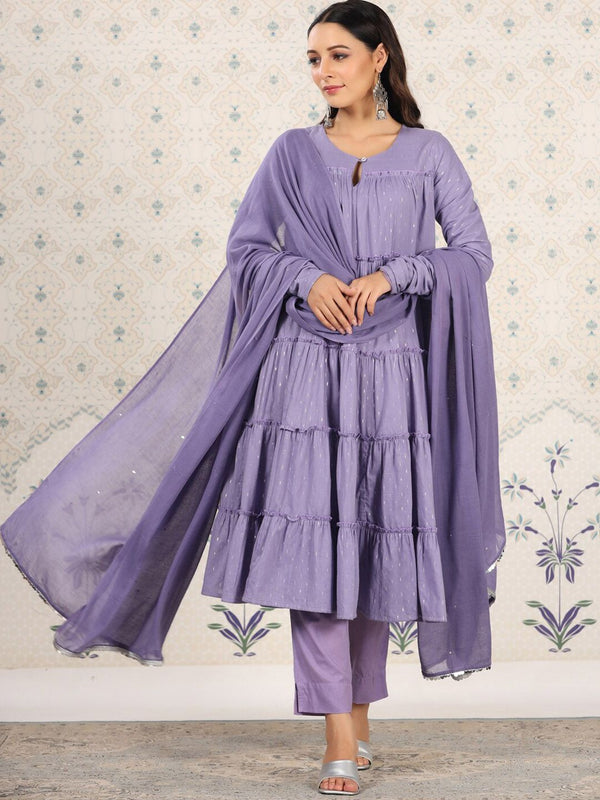 Ode by House of Pataudi Keyhole Neck A-Line Tiered Woven Design Pure Cotton Kurta Set - Distacart