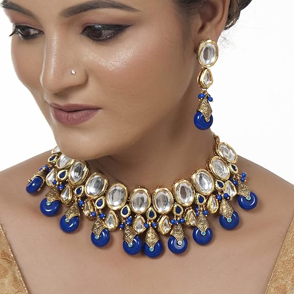 Tehzeeb Creations Back Meenakari Gold-Polished Tika Earring Jewellery Set Uncut Kundan Big Faux Kundan Dibbi Kundan Choker Necklace Set - Distacart