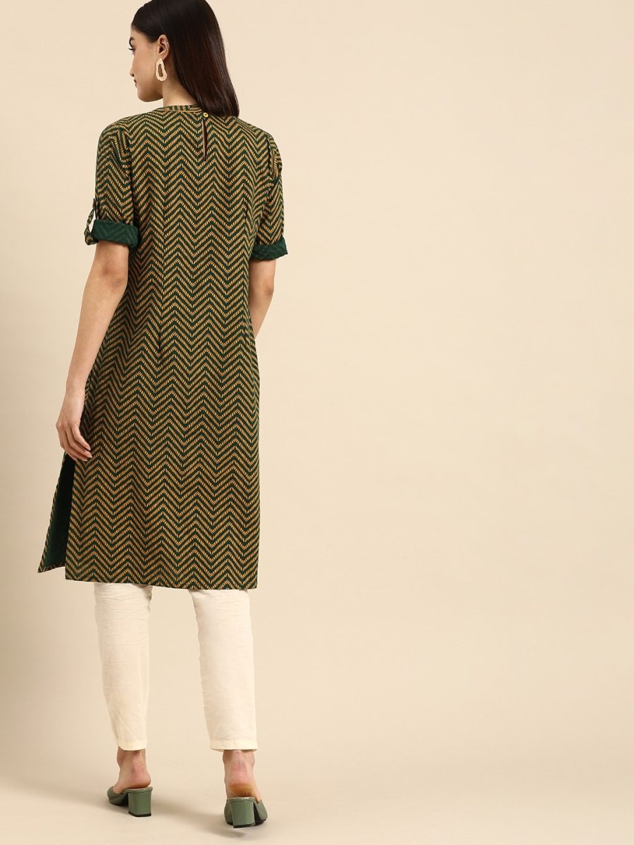 All About You Women Green & Yellow Floral Embroidered Thread Work Pure Cotton Kurta - Distacart