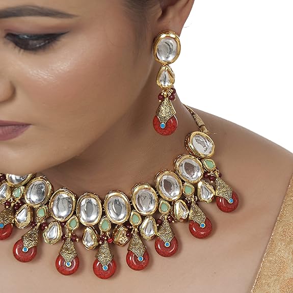 Tehzeeb Creations Back Meenakari Gold-Polished Tika Earring Jewellery Set Uncut Kundan Big Faux Kundan Dibbi Kundan Choker Necklace Set - Distacart