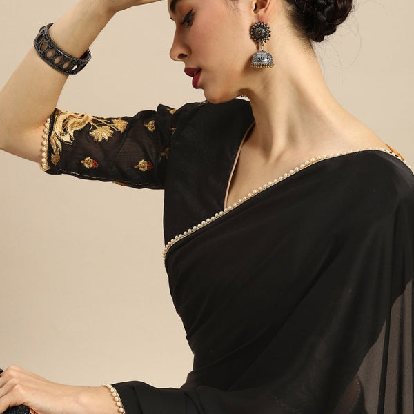 Anouk Black Solid Satin Pearl Border Saree - Distacart