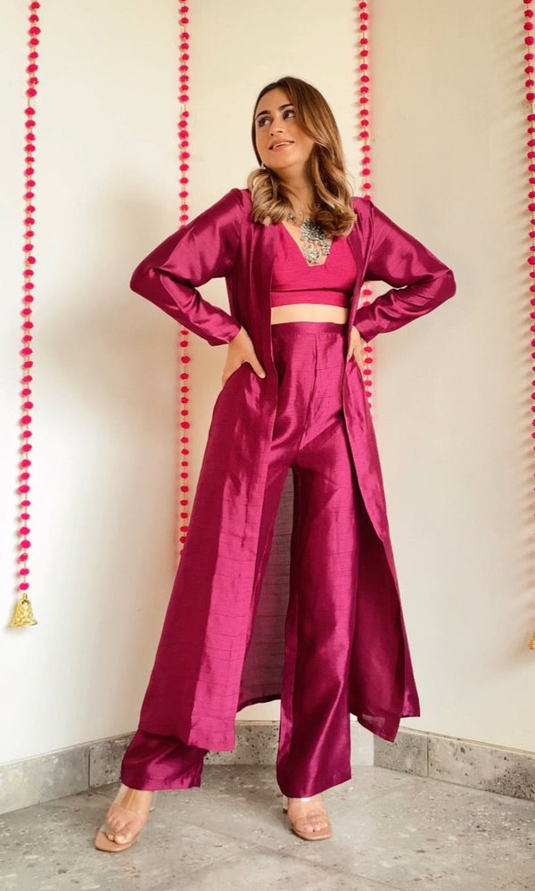 trueBrowns Purple Textured Silk Overlay Jacket Blouse Pant Set | Relove