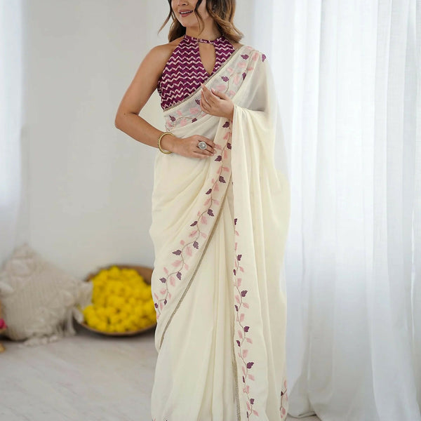 Joban Fashion Silk Off White Color Embroidery Saree