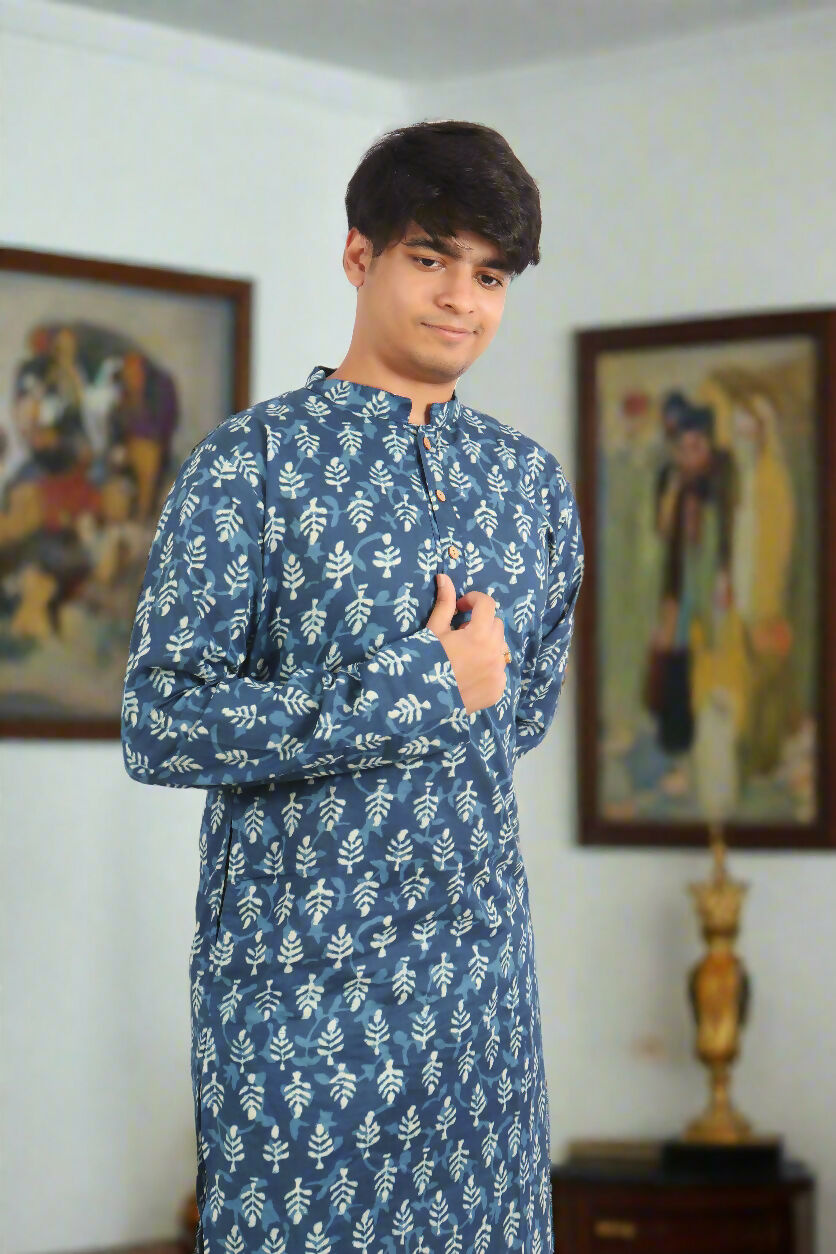 Souchii Men's Ethnic Printed Pure Cotton Kurta – Indigo Leaf Motif