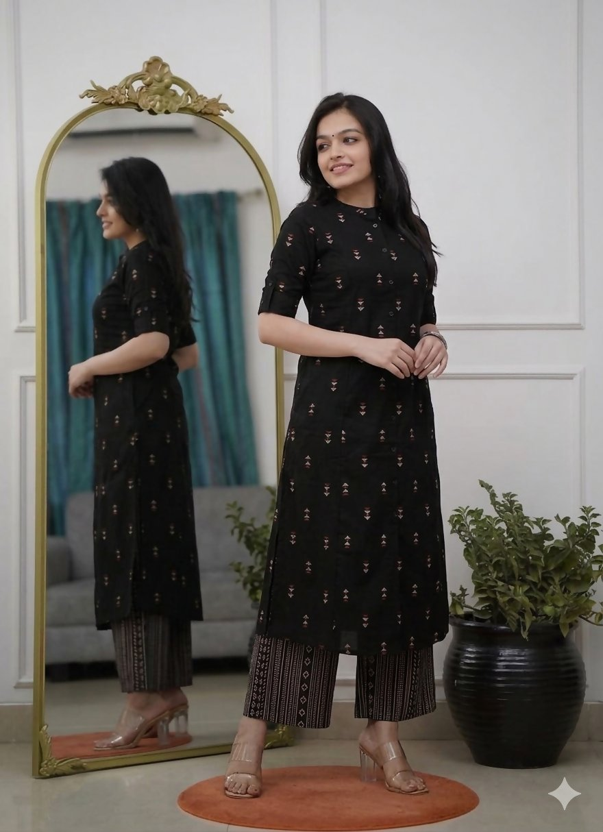 Teeya Creation Classic Black Cotton Kurta Set With Subtle Embroidery And Printed Palazzos - Dista