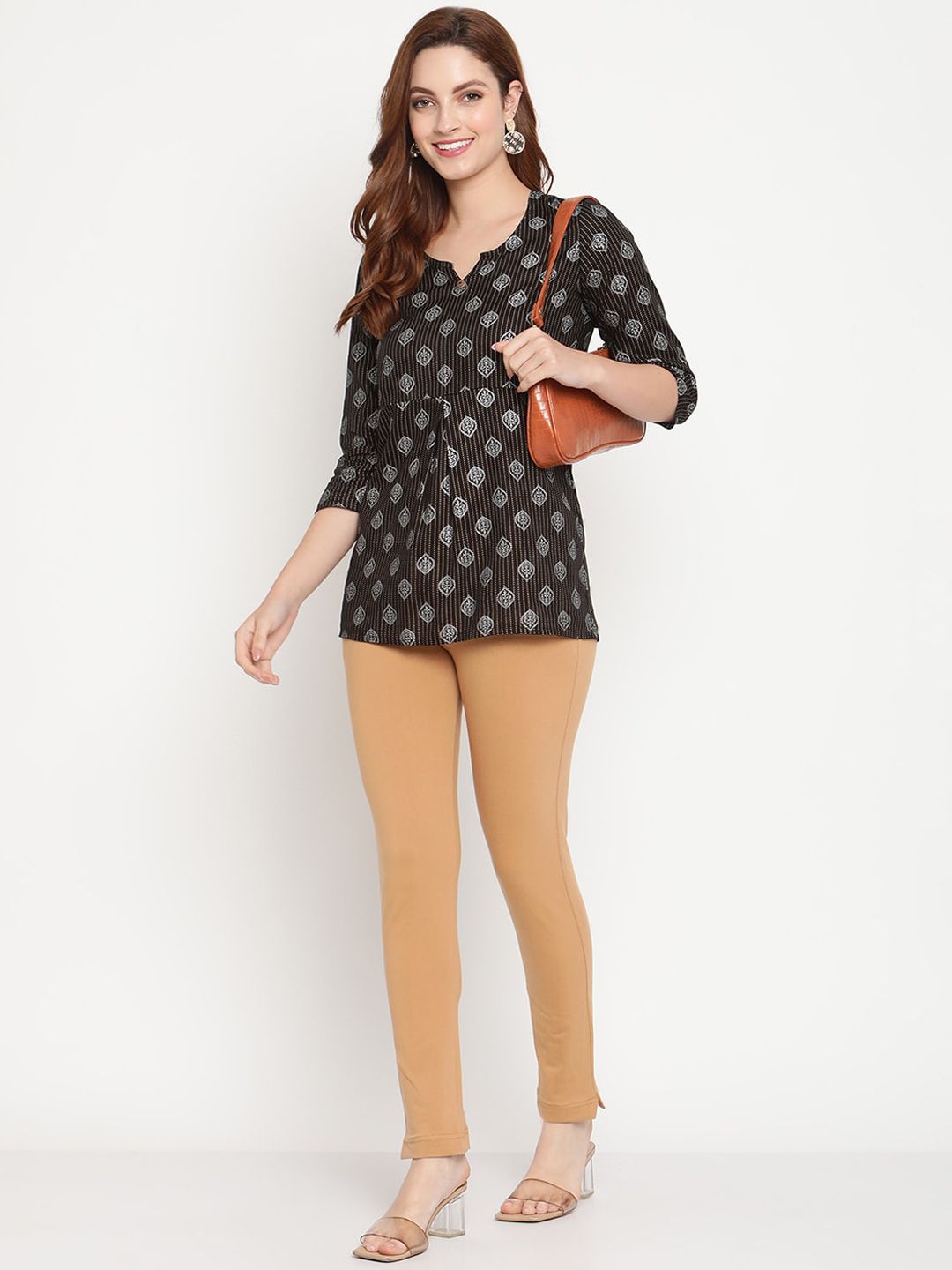 TAG 7 Set Of 2 Beige & Orange Solid Leggings - Distacart