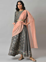 Thumbnail for AURELIA Gunmetal-Toned & Peach-Coloured Ethnic Motifs Ethnic Maxi Ethnic Dress with Shawl