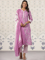 Thumbnail for Ode by House of Pataudi Printed Notched Neck Pure Cotton Kurta With Trousers & Dupatta - Distacart